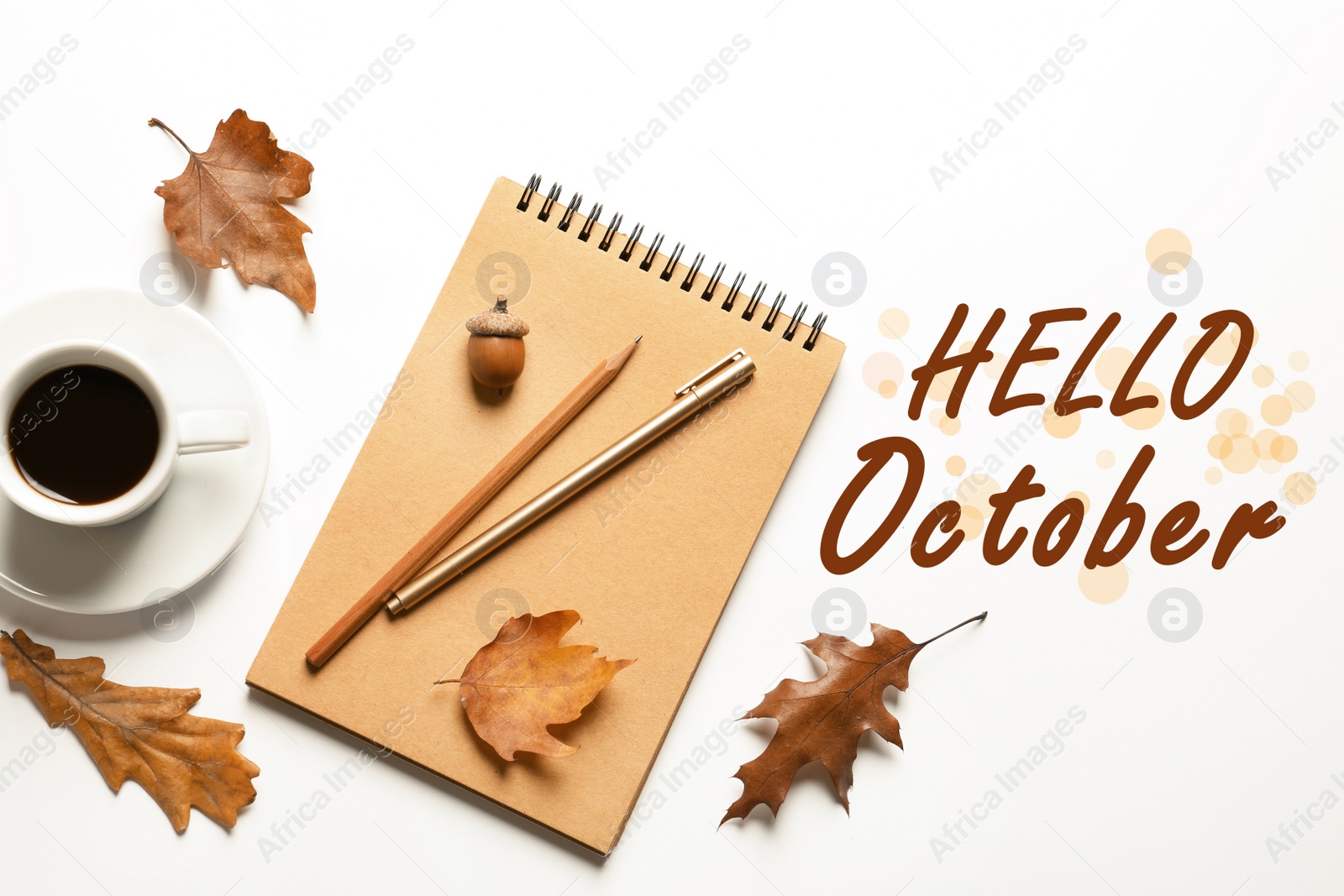 Image of Hello October card. Flat lay composition with notebook, cup of coffee and autumn leaves on white background