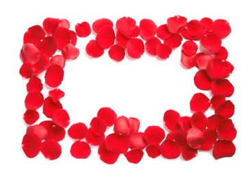 Frame made of red rose petals on white background, top view