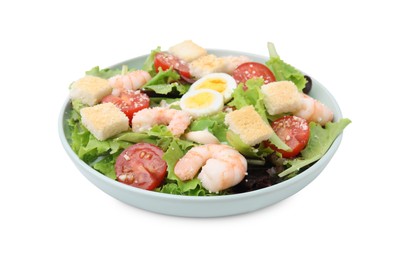 Photo of Delicious Caesar salad with shrimps isolated on white