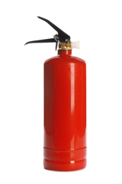 Photo of Fire extinguisher on white background. Safety equipment