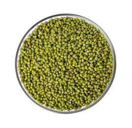 Bowl with fresh mung beans isolated on white, top view