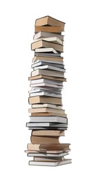 Photo of High stack of many different books isolated on white