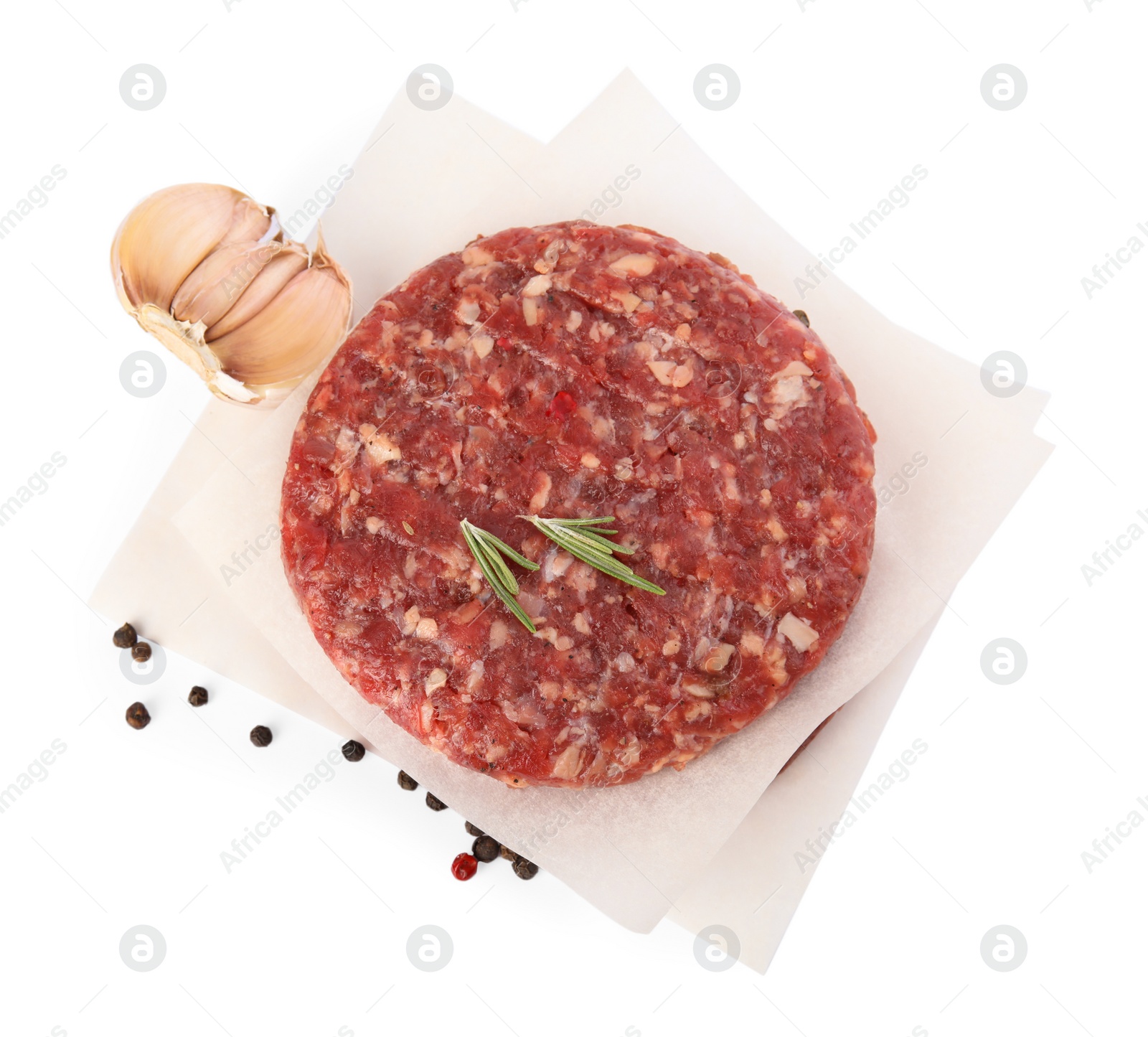 Photo of Raw meat cutlets for burger isolated on white, top view