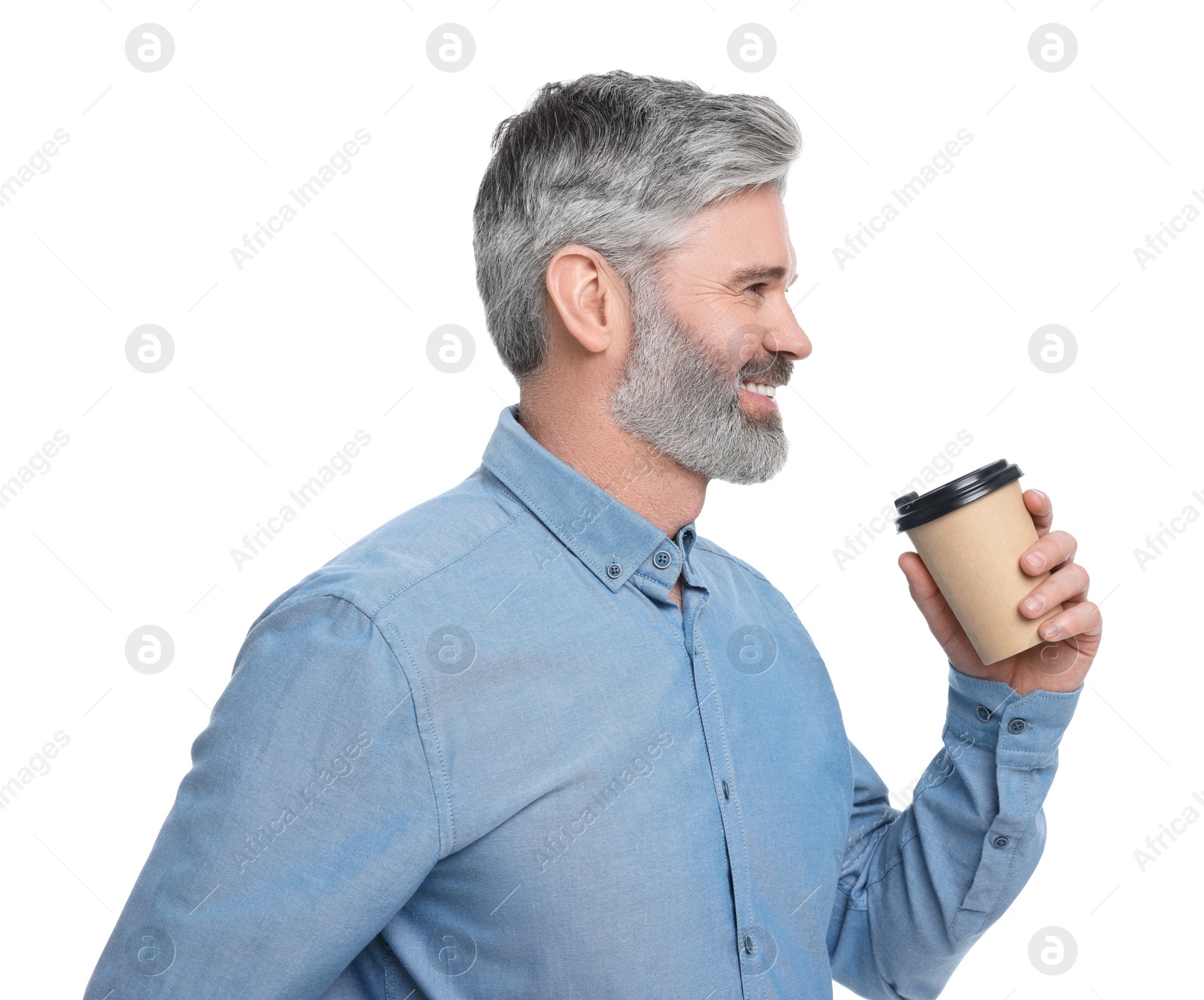 Photo of Mature businessman in stylish clothes with cup of drink posing on white background