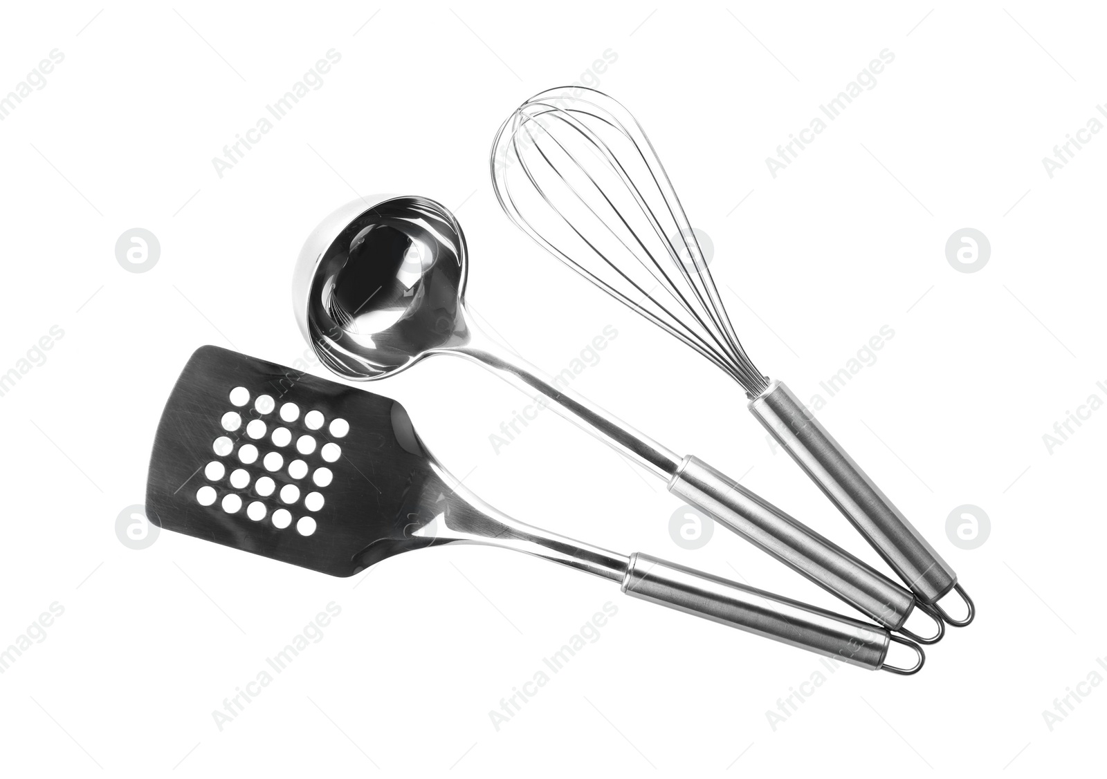 Photo of Different stainless steel kitchen utensils on white background