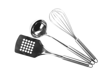 Photo of Different stainless steel kitchen utensils on white background