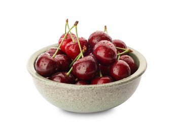 Photo of Tasty ripe sweet cherries in bowl isolated on white
