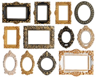 Image of Set of different old fashioned frames on white background