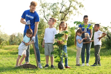 Kids planting trees with volunteers in park