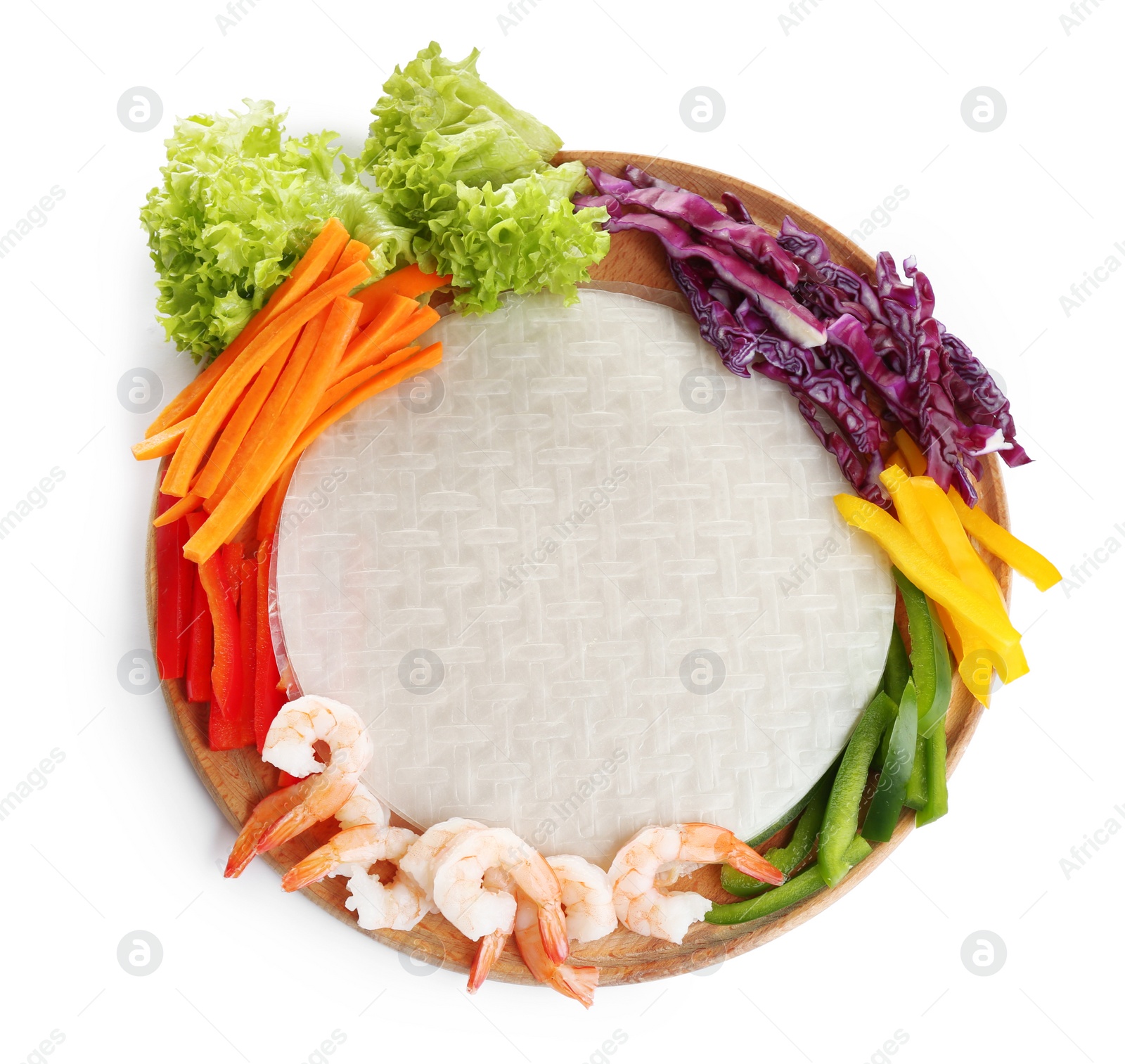 Photo of Dry rice paper and ingredients on white background, top view