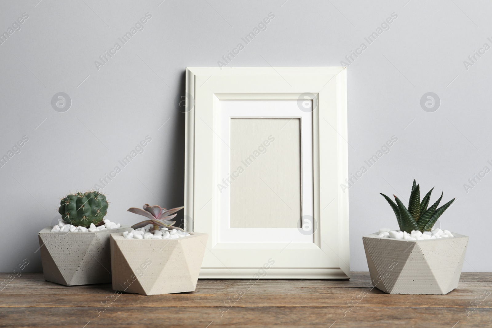 Photo of Blank frame and beautiful succulent plants on table against light background, space for design. Home decor