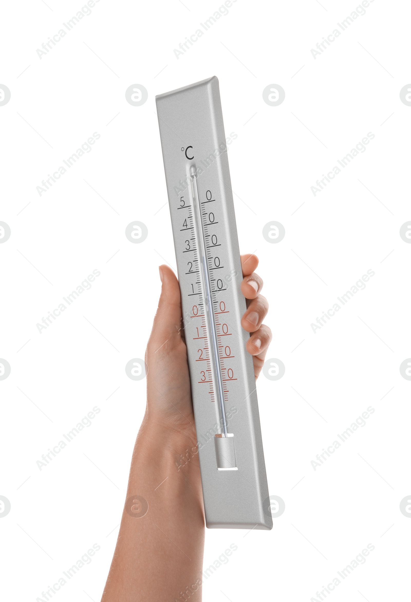 Photo of Woman holding weather thermometer on white background, closeup