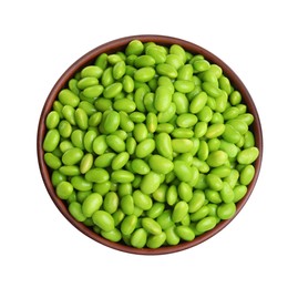 Photo of Bowl with fresh edamame soybeans on white background, top view