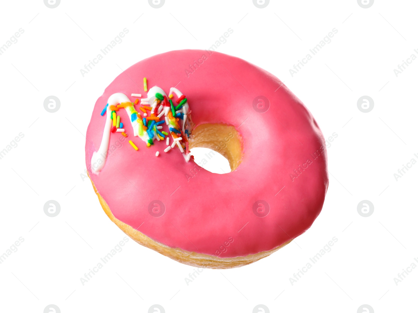 Photo of Sweet tasty glazed donut decorated with sprinkles isolated on white