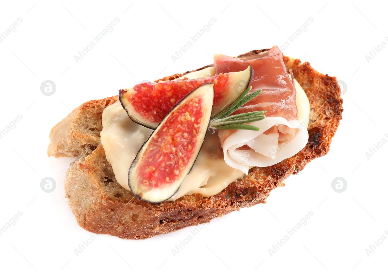 Photo of Bruschetta with cream cheese, prosciutto and figs isolated on white, above view