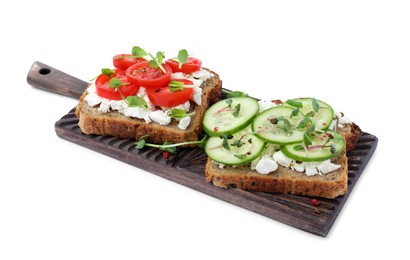 Photo of Delicious sandwiches with vegetables, microgreens and cheese on white background