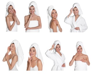 Image of Collage with photos of beautiful young woman with towels on white background