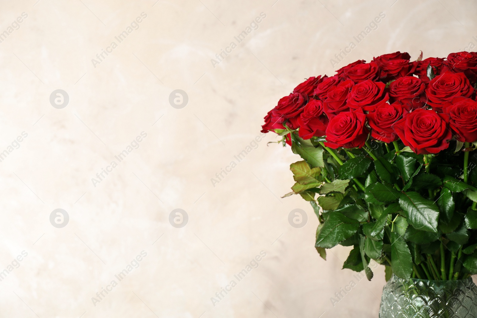 Photo of Luxury bouquet of fresh red roses on beige background, space for text
