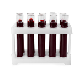 Test tubes with blood samples in rack on white background. Laboratory analysis