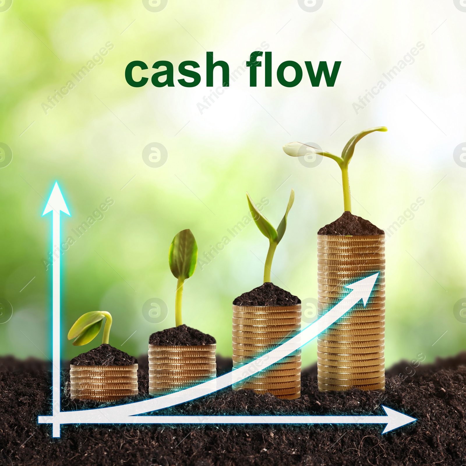 Image of Cash Flow concept. Illustration of increase graph and stacked coins with green seedlings on ground