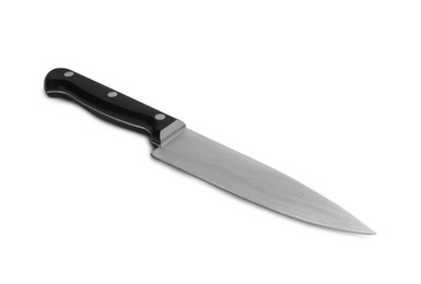 Photo of One knife with black handle isolated on white