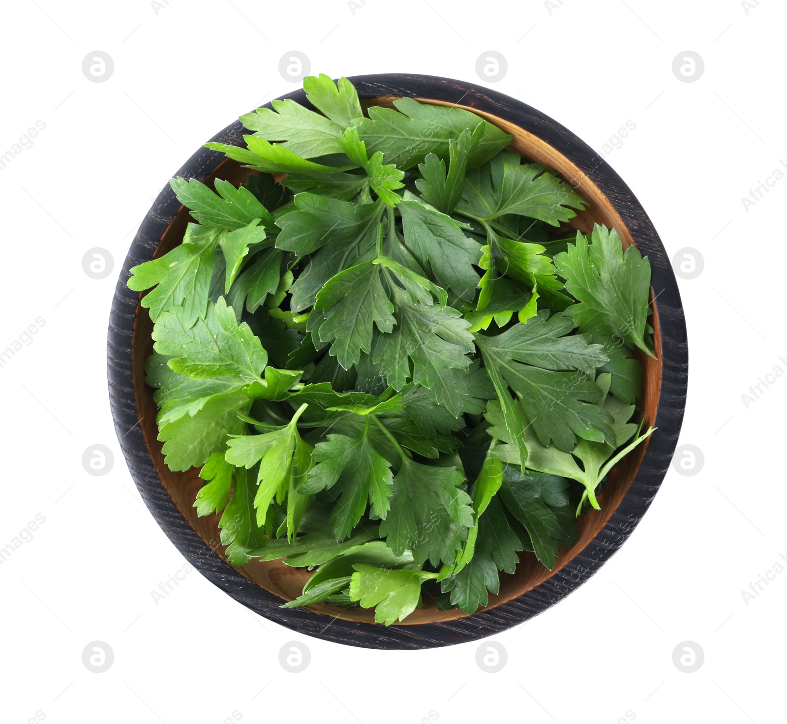 Photo of Fresh green parsley in plate isolated on white, top view