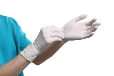 Photo of Doctor wearing medical gloves on white background, closeup