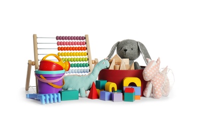 Photo of Set of different child toys on white background