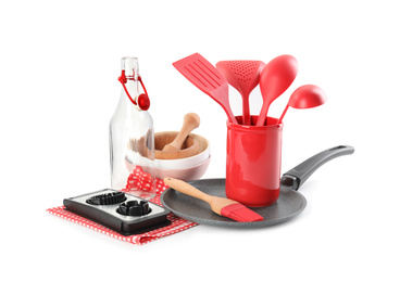 Photo of Set of different cooking utensils and dishes on white background