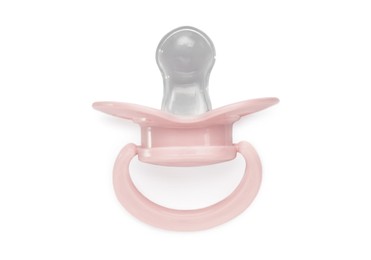 Photo of One pink baby pacifier isolated on white, top view