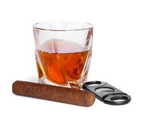 Glass of whiskey, cigar and cutter isolated on white