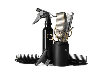 Photo of Set of professional hairdresser tools isolated on white