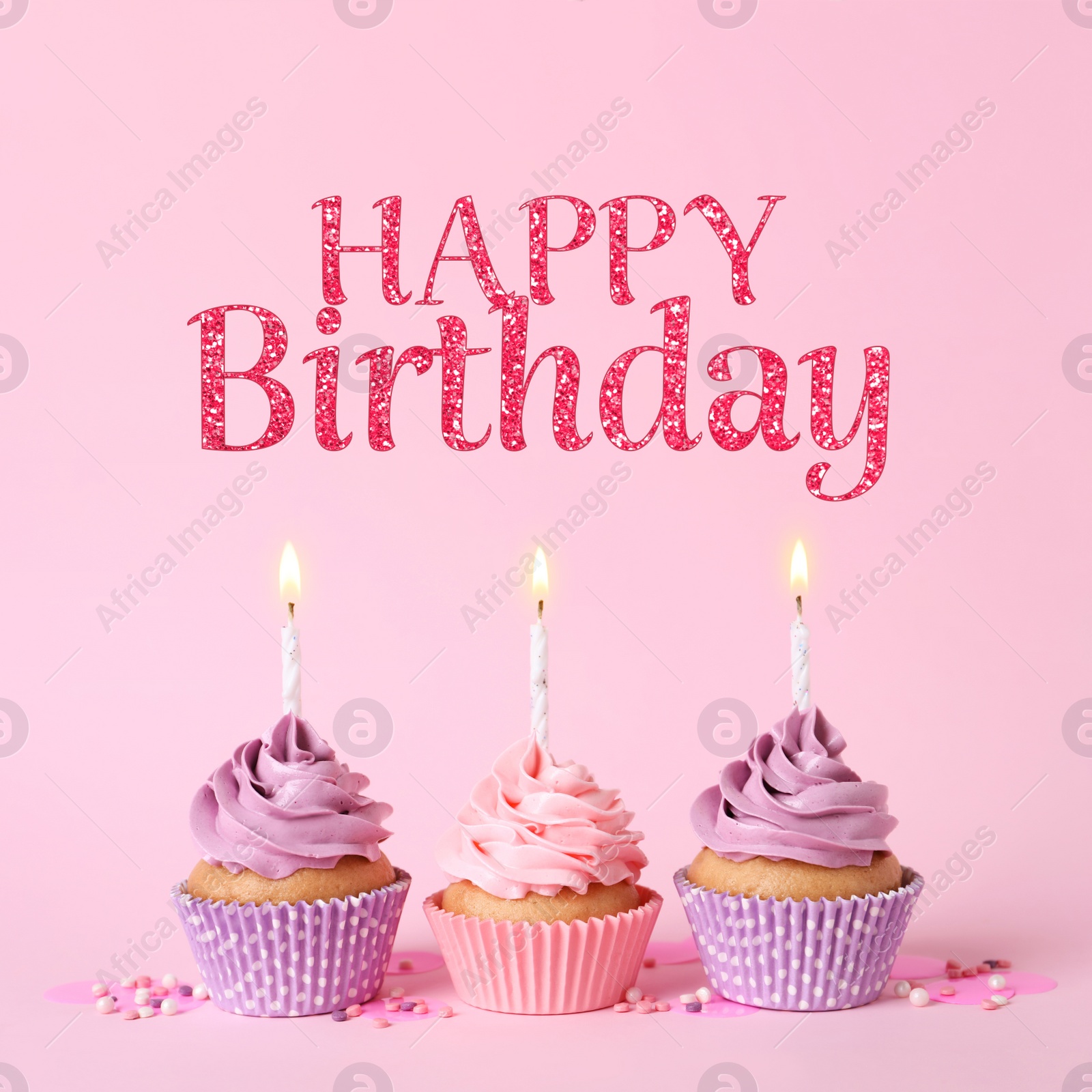 Image of Happy Birthday. Delicious cupcakes with burning candles and sprinkles on pink background
