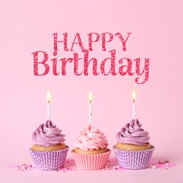 Happy Birthday. Delicious cupcakes with burning candles and sprinkles on pink background