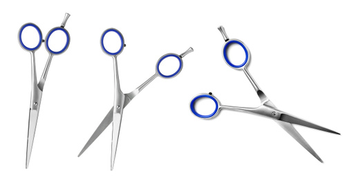 Image of Set of scissors on white background. Professional hairdresser tool