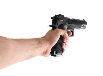 Man holding gun on white background, closeup