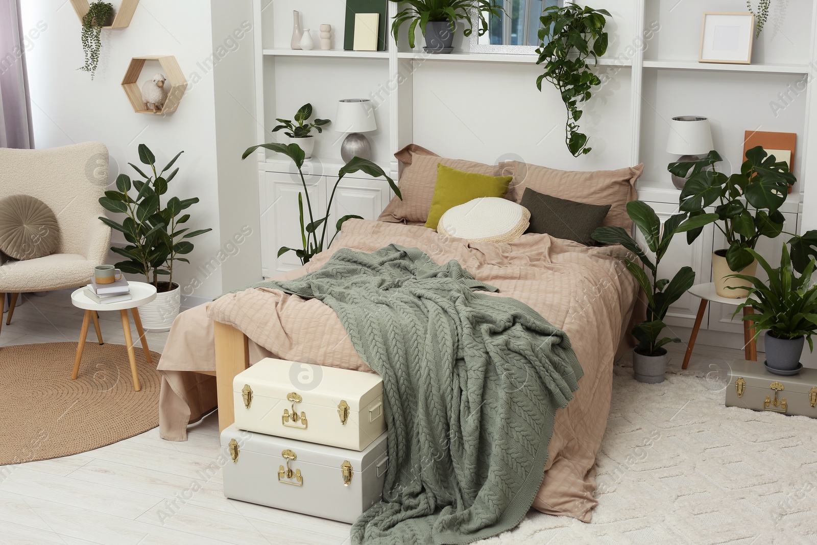 Photo of Stylish bedroom with comfortable bed and different houseplants. Interior design