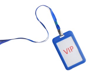 Photo of Blue vip badge isolated on white, top view