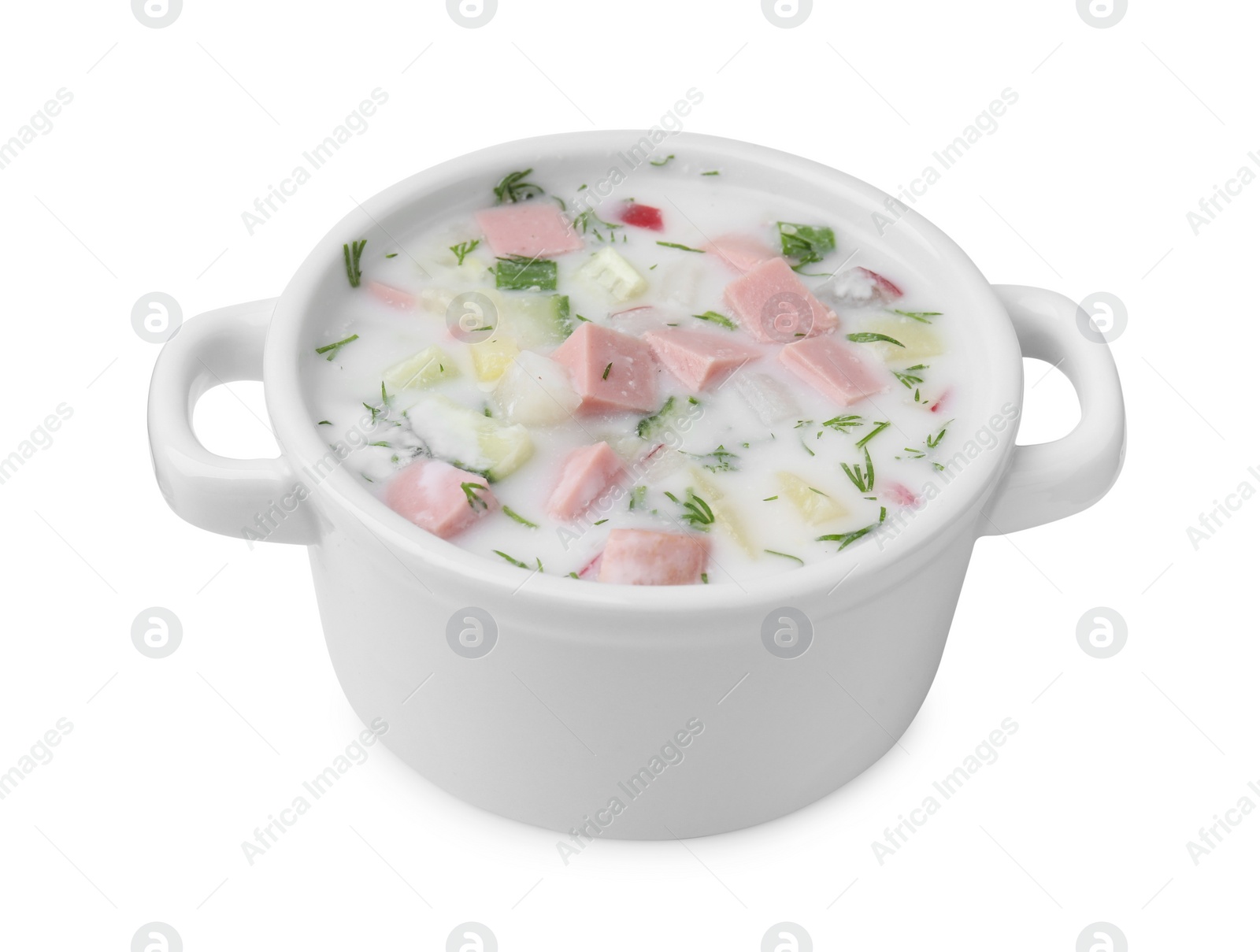 Photo of Delicious cold summer soup (okroshka) with boiled sausage in pot isolated on white