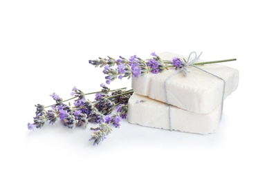 Photo of Hand made soap bars with lavender flowers on white background