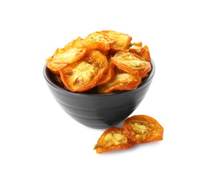 Bowl and cut dried kumquat fruits isolated on white