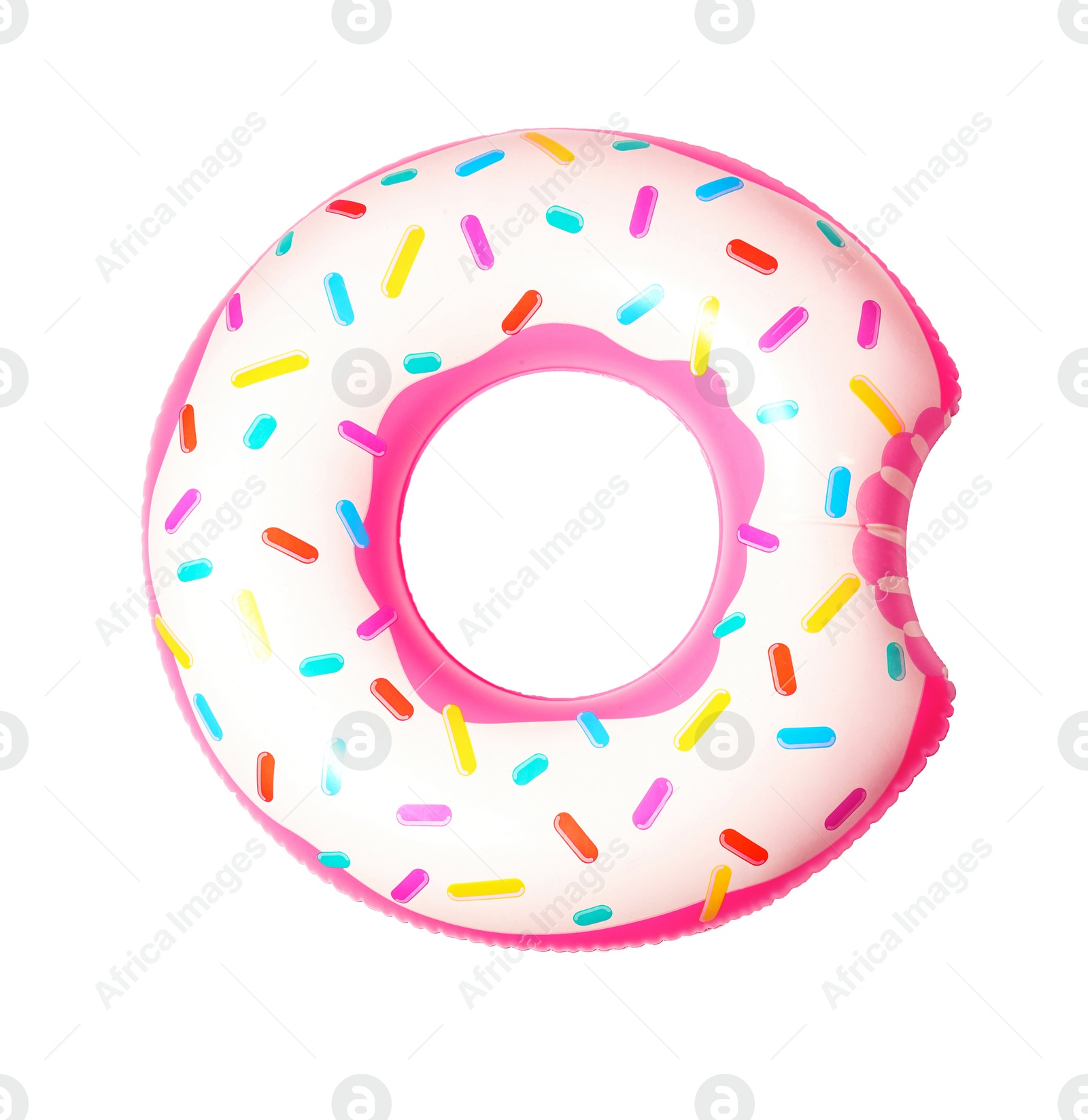 Photo of Bright inflatable ring on white background. Summer holidays