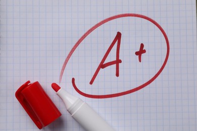 Photo of School grade. Red letter A with plus symbol on notebook paper and marker, top view