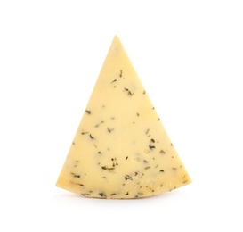 Photo of Piece of delicious cheese with herbs on white background