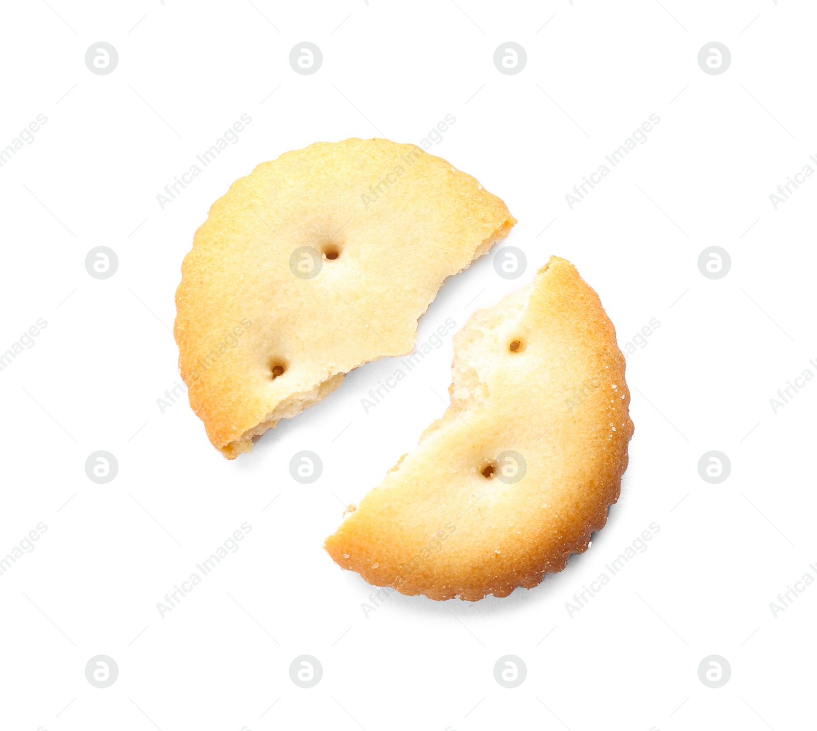 Photo of Broken delicious crispy cracker isolated on white, top view