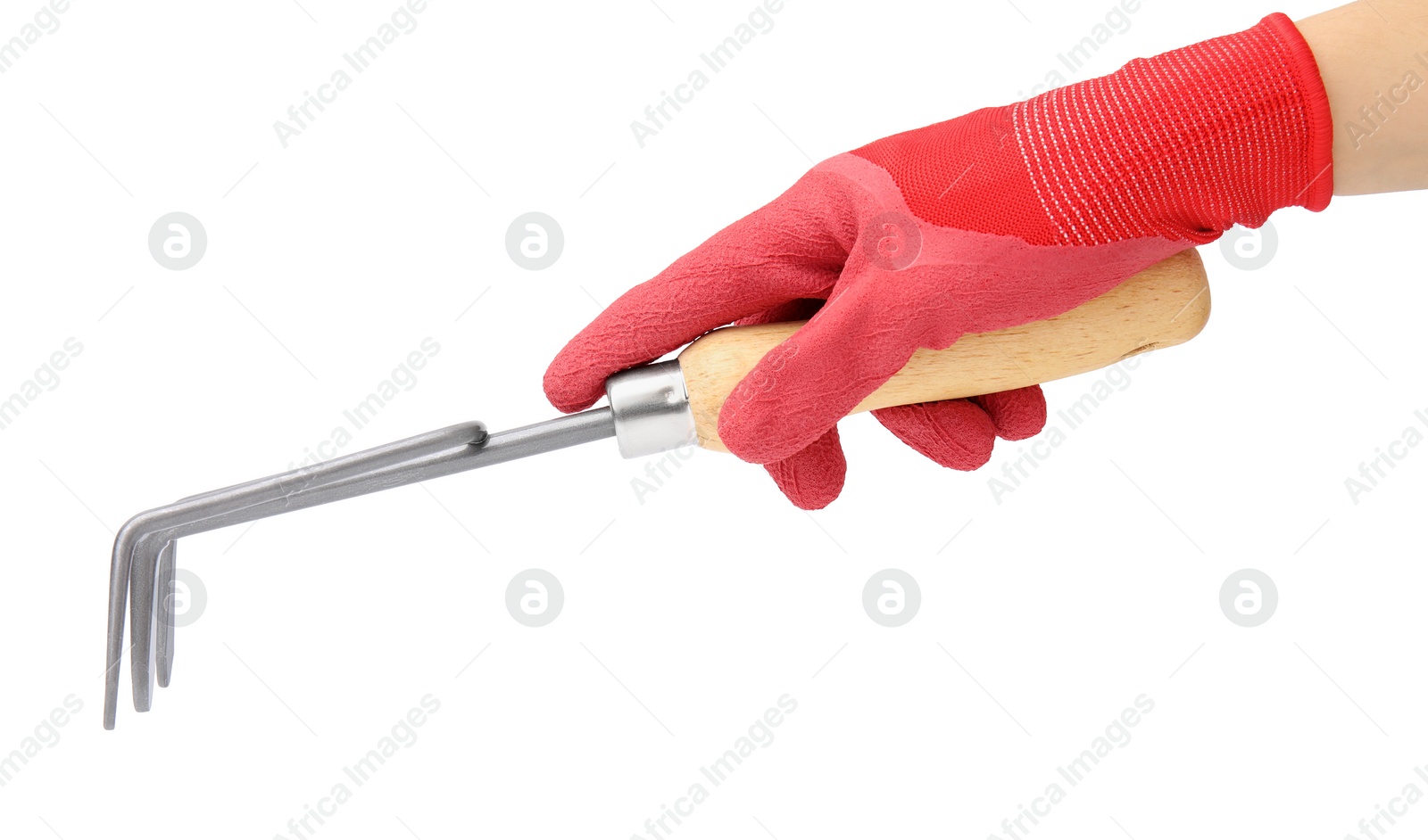 Photo of Woman in gardening glove holding rake on white background, closeup