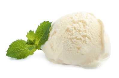 Scoop of delicious ice cream with mint on white background