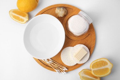 Lemon face wash. Fresh citrus fruits and personal care products on white background, flat lay