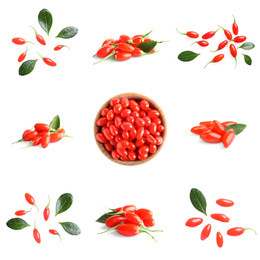 Image of Set of fresh goji berries on white background