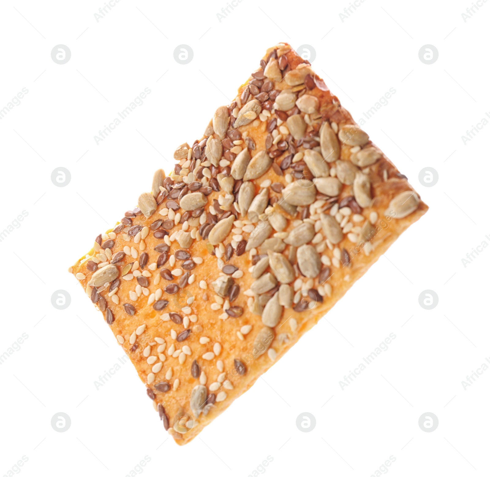 Photo of Delicious crispy cracker with different seeds isolated on white